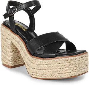 Liliana Women Open Toe Ankle Strap High Heel Espadrille Sandals, 6, Black