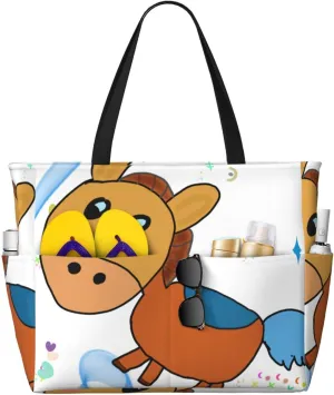 listening mule Print 28L Large Beach Tote Bag, 7 Pockets Waterproof Travel Shoulder Bag, Gym Oversized Tote