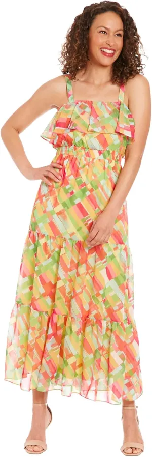 London Times Women's Tiered Smocked Waist Flounce Midi Dress