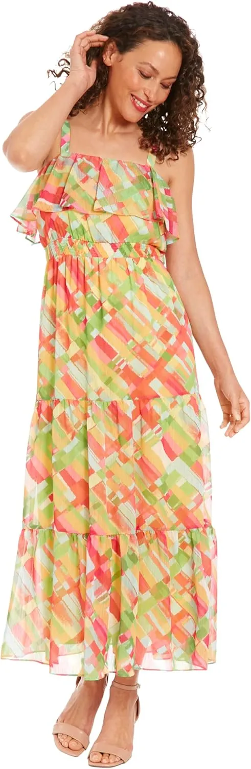 London Times Women's Tiered Smocked Waist Flounce Midi Dress