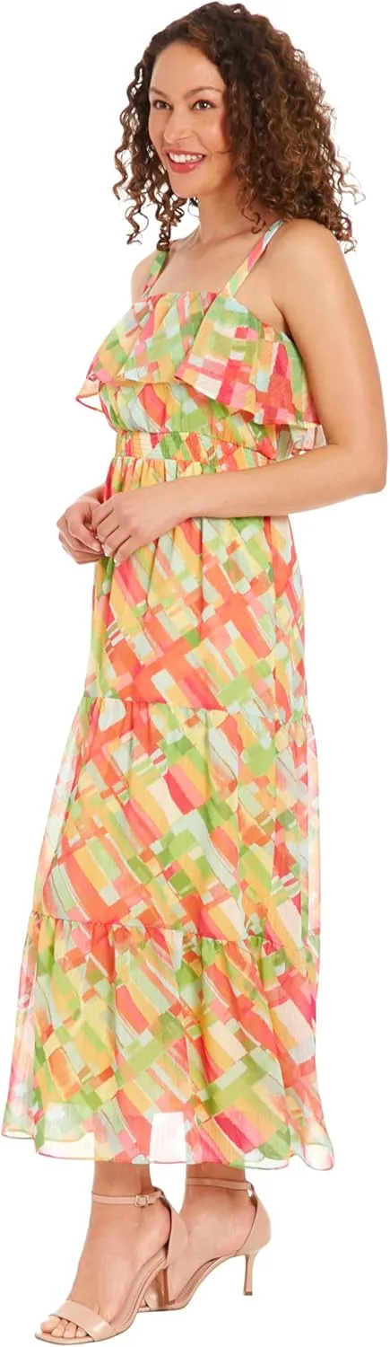 London Times Women's Tiered Smocked Waist Flounce Midi Dress