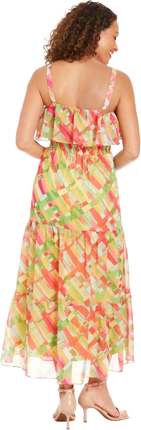 London Times Women's Tiered Smocked Waist Flounce Midi Dress