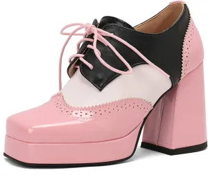 LUXMAX Women Platform Oxford Shoes Lace Upe Square Toe Wingtip Vintage Chunky Heel Saddle Shoes