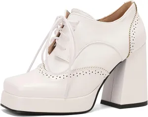 LUXMAX Women Platform Oxford Shoes Lace Upe Square Toe Wingtip Vintage Chunky Heel Saddle Shoes