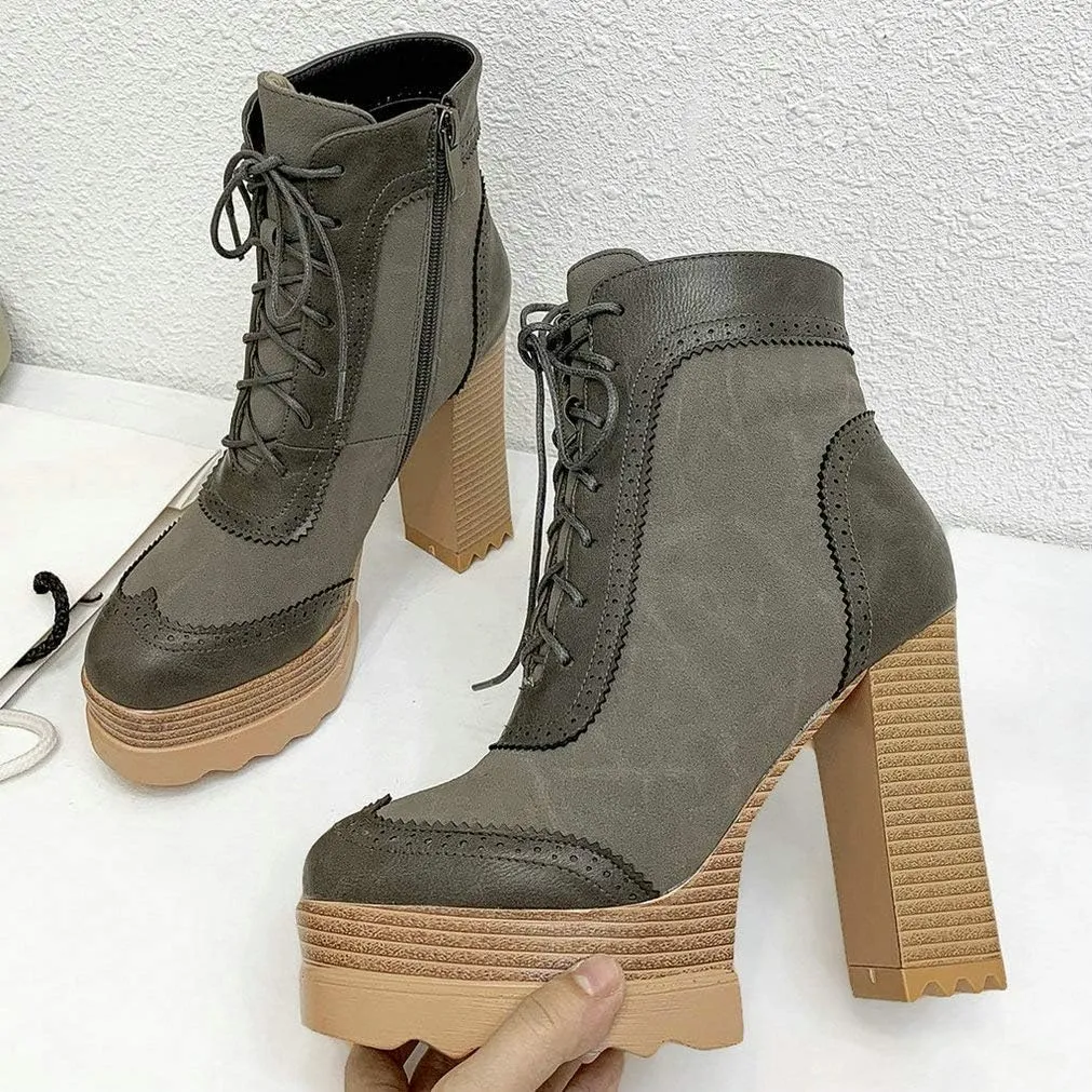 LUXMAX Women Wingtip Ankle Boots Chunky High Heel Lace Up Platform Oxford Brogue Booties