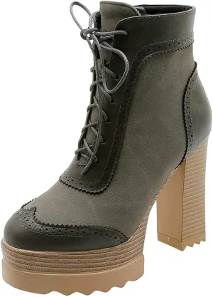 LUXMAX Women Wingtip Ankle Boots Chunky High Heel Lace Up Platform Oxford Brogue Booties