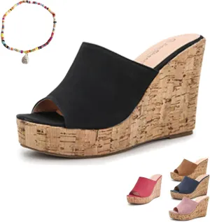 Lymphvity Women's Peep Toe Cork Platform Wedge Mule Sandals,Summer Fish Mouth Slip On High Heel Beach Slides Comfort Dress Sandals