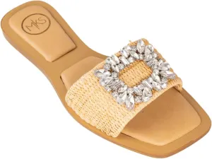 MAKERS SHOES GIA 3, Crystal Embellished Slide Sandals, Woven Band, White,Black and Natural