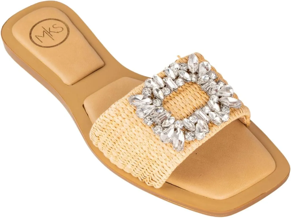 MAKERS SHOES GIA 3, Crystal Embellished Slide Sandals, Woven Band, White,Black and Natural