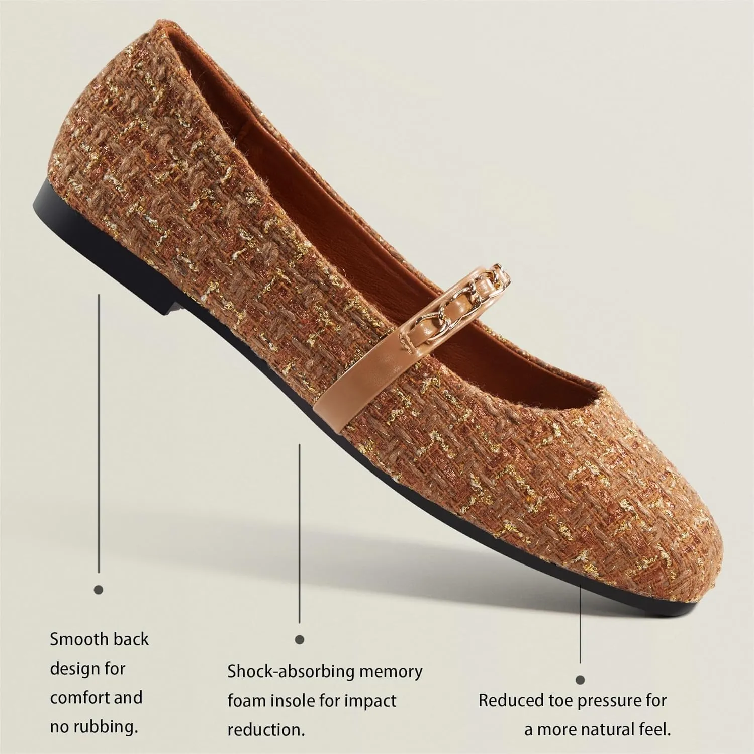 Mary Jane Flats;Square Toe Metal Chain Flats;Tweed Fabric Delicate and Elegant Women Shoes