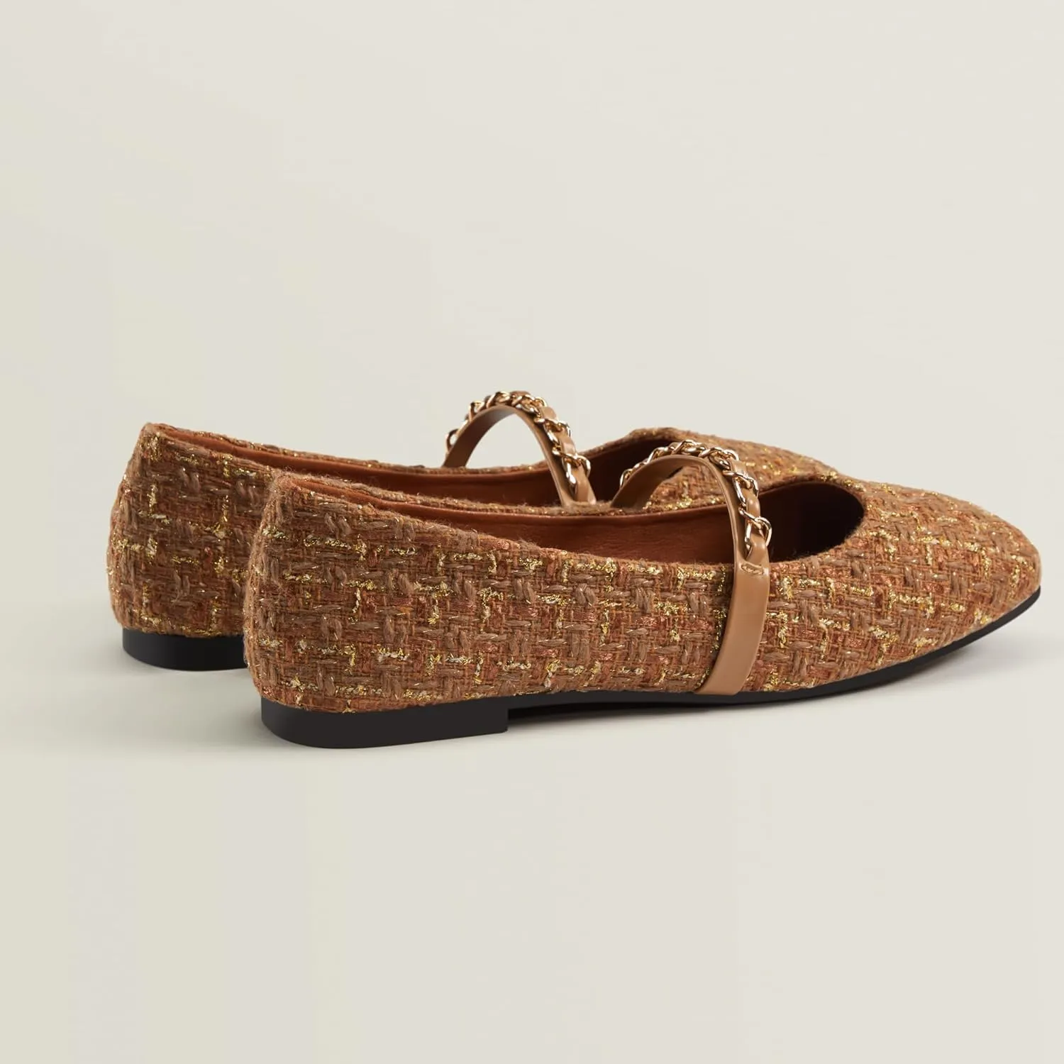 Mary Jane Flats;Square Toe Metal Chain Flats;Tweed Fabric Delicate and Elegant Women Shoes