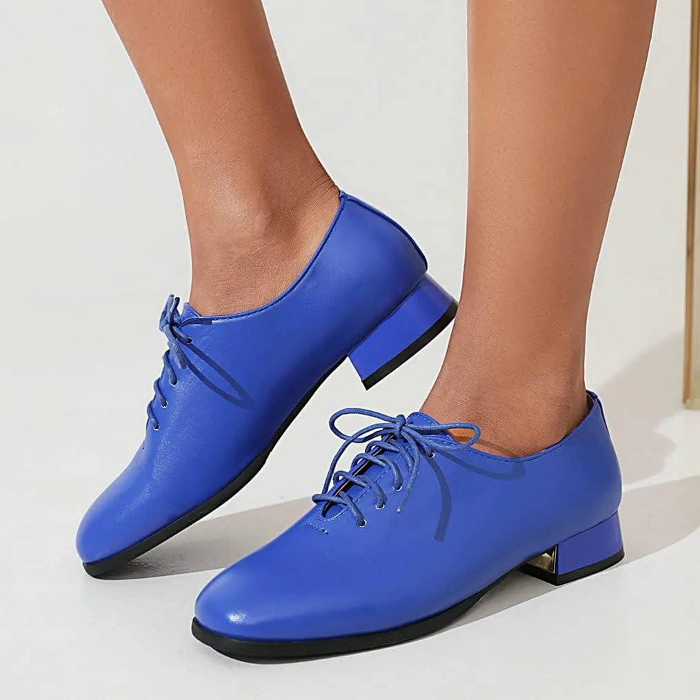 Meefit Ladies Square to Oxford Shoes Low Heel Lace Up Chunky Heel Pumps