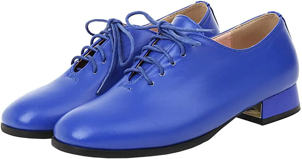 Meefit Ladies Square to Oxford Shoes Low Heel Lace Up Chunky Heel Pumps