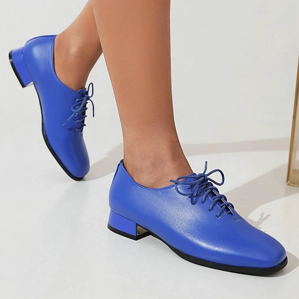 Meefit Ladies Square to Oxford Shoes Low Heel Lace Up Chunky Heel Pumps