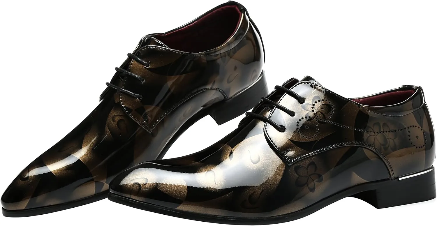 Men Fashion Shoes Dress Pointed Toe Floral Patent Leather Lace Up Oxford Black Brown Red Grey