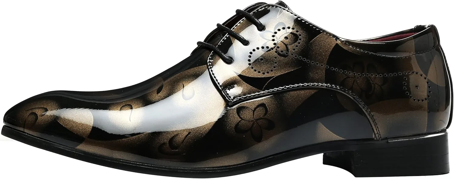 Men Fashion Shoes Dress Pointed Toe Floral Patent Leather Lace Up Oxford Black Brown Red Grey