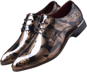 Men Fashion Shoes Dress Pointed Toe Floral Patent Leather Lace Up Oxford Black Brown Red Grey