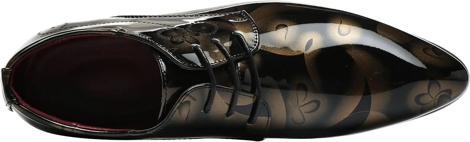 Men Fashion Shoes Dress Pointed Toe Floral Patent Leather Lace Up Oxford Black Brown Red Grey