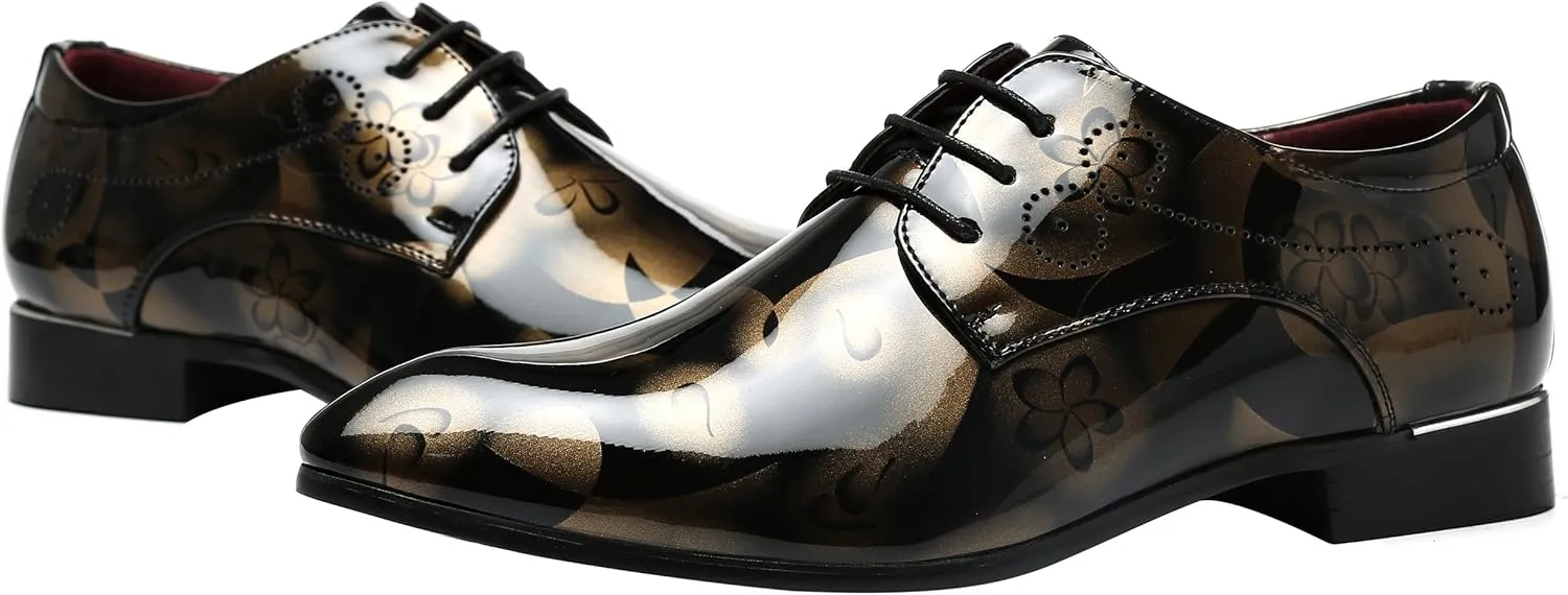 Men Fashion Shoes Dress Pointed Toe Floral Patent Leather Lace Up Oxford Black Brown Red Grey