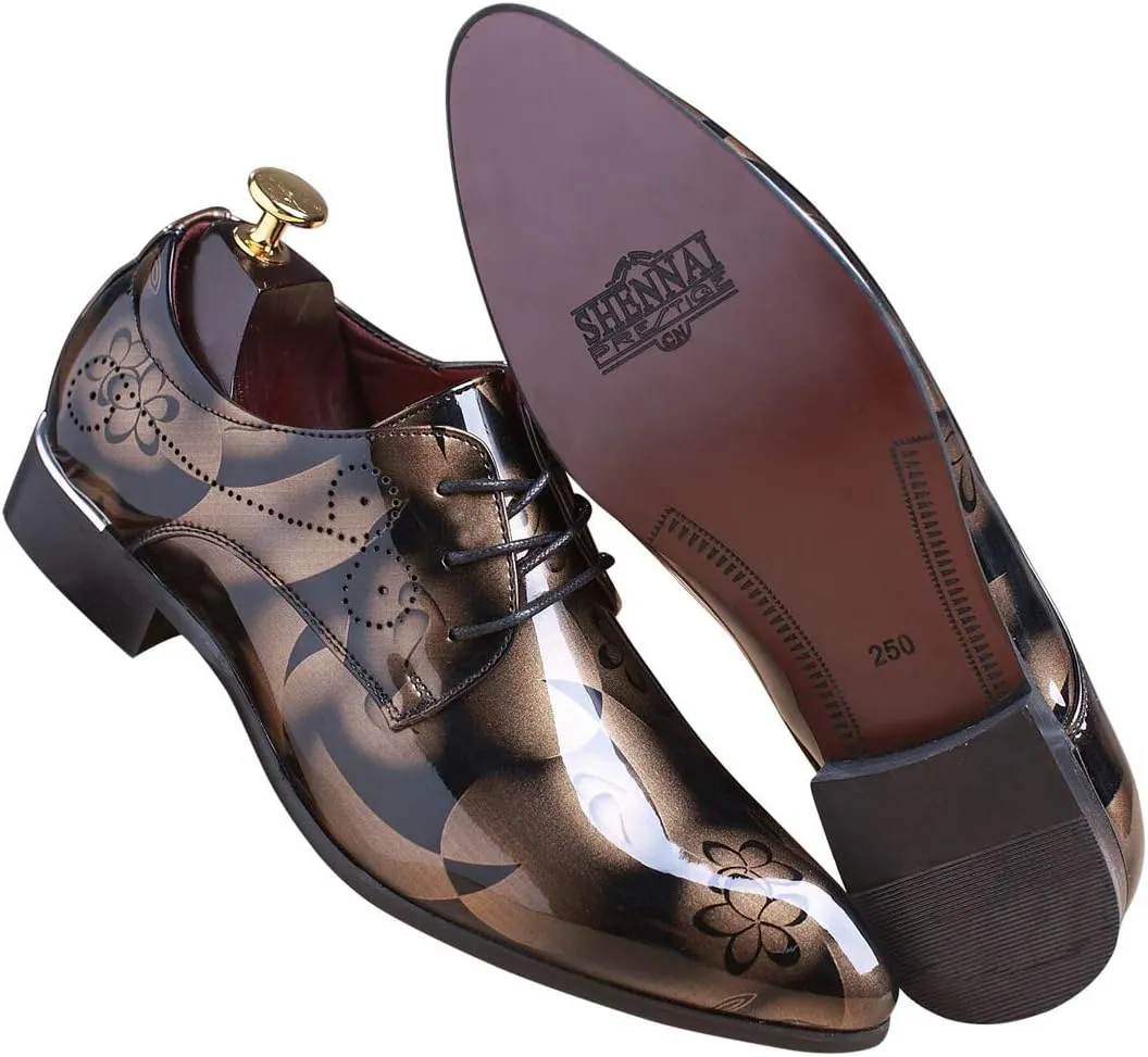 Men Fashion Shoes Dress Pointed Toe Floral Patent Leather Lace Up Oxford Black Brown Red Grey