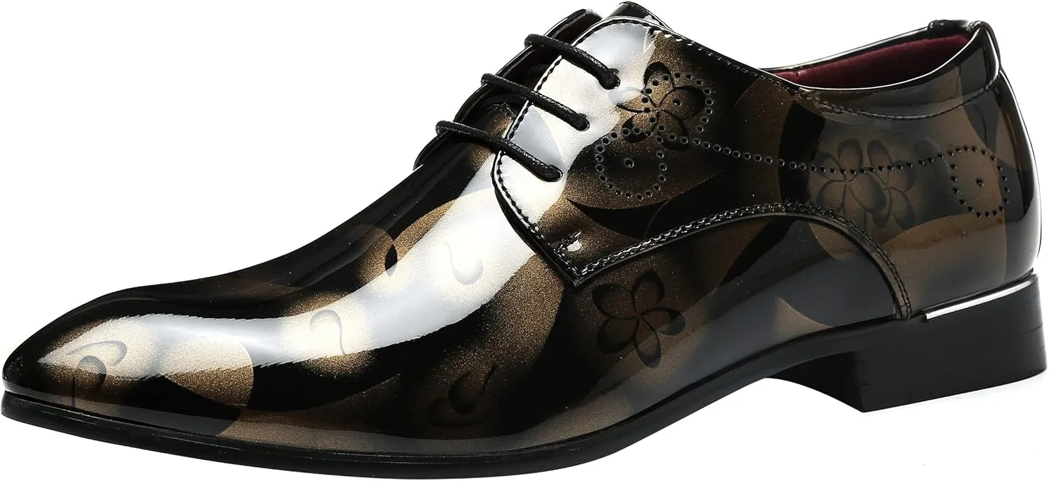 Men Fashion Shoes Dress Pointed Toe Floral Patent Leather Lace Up Oxford Black Brown Red Grey