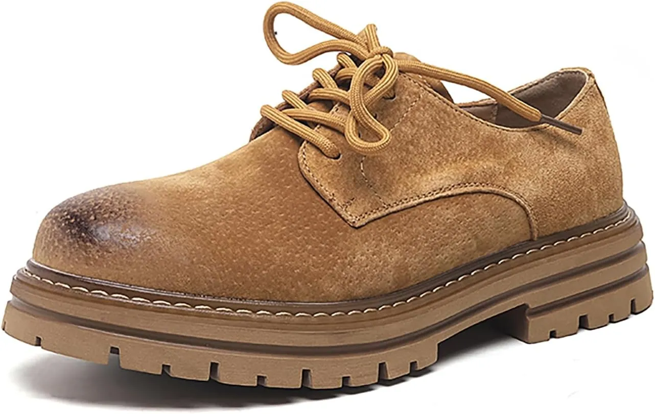 Men's Classic Leather Round Toe Platform Oxfords Lace Up Chunky Heel Lug Sole Derby Shoes Comfort Fashion Business Dress Shoes