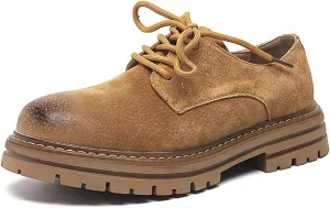 Men's Classic Leather Round Toe Platform Oxfords Lace Up Chunky Heel Lug Sole Derby Shoes Comfort Fashion Business Dress Shoes