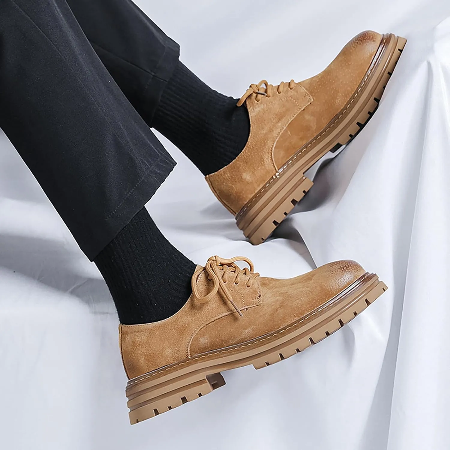 Men's Classic Leather Round Toe Platform Oxfords Lace Up Chunky Heel Lug Sole Derby Shoes Comfort Fashion Business Dress Shoes