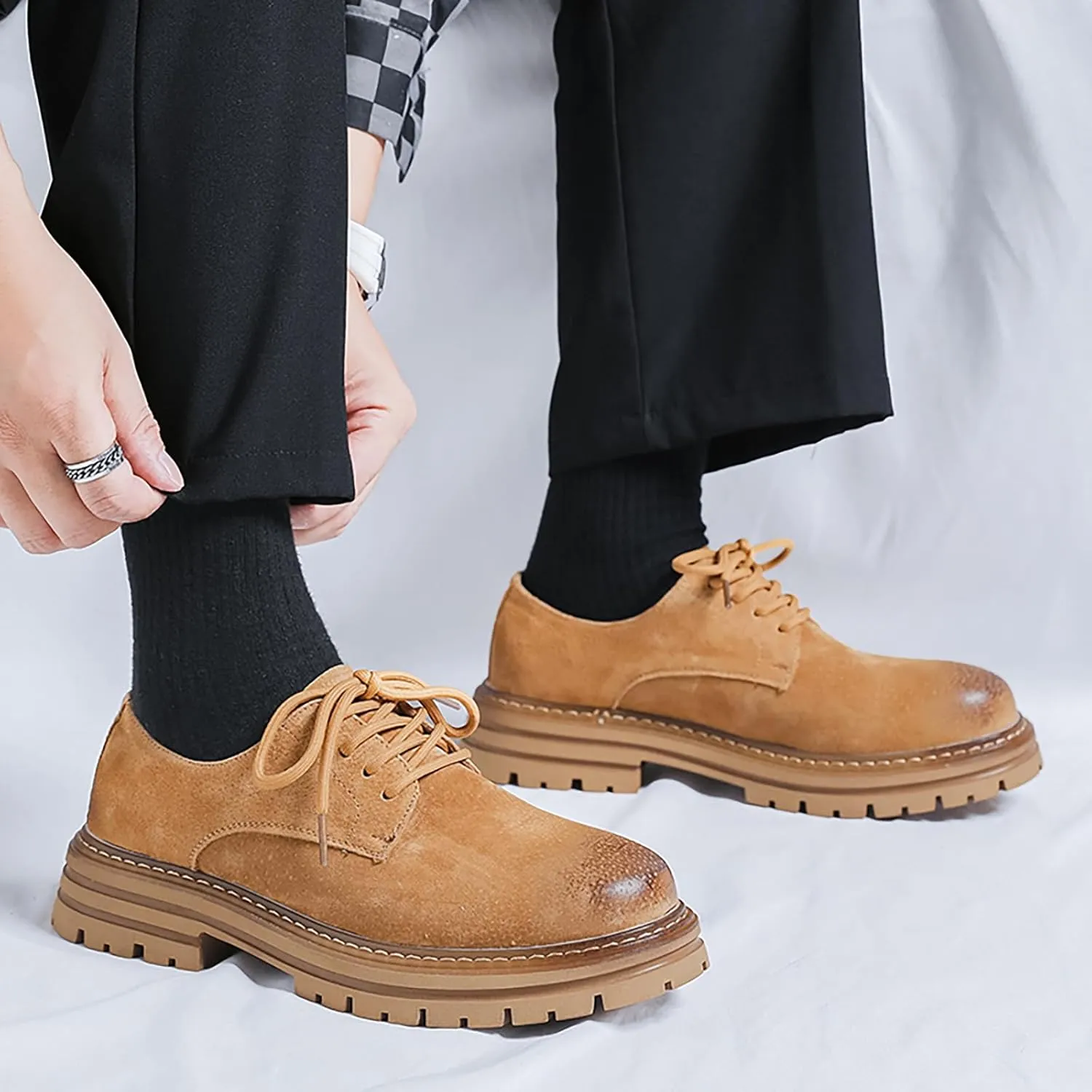 Men's Classic Leather Round Toe Platform Oxfords Lace Up Chunky Heel Lug Sole Derby Shoes Comfort Fashion Business Dress Shoes