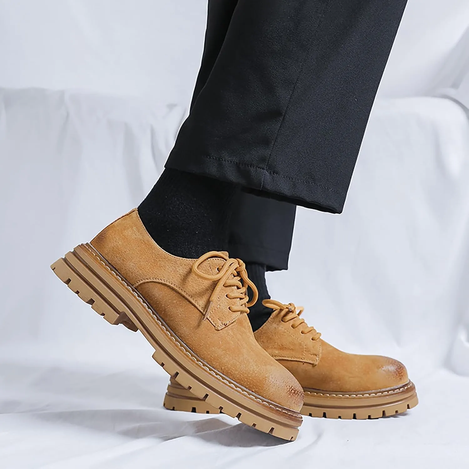 Men's Classic Leather Round Toe Platform Oxfords Lace Up Chunky Heel Lug Sole Derby Shoes Comfort Fashion Business Dress Shoes