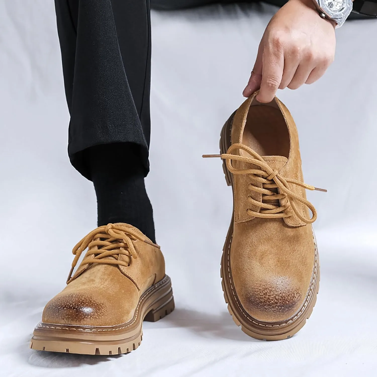 Men's Classic Leather Round Toe Platform Oxfords Lace Up Chunky Heel Lug Sole Derby Shoes Comfort Fashion Business Dress Shoes