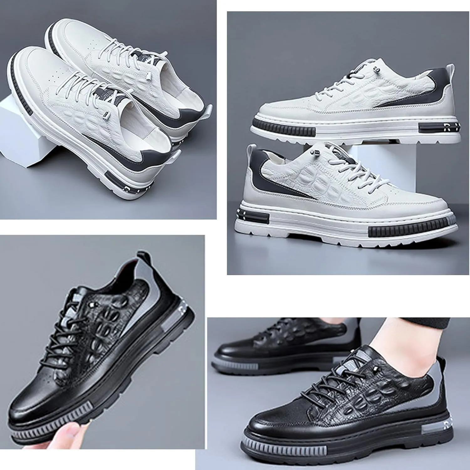 Men's Crocodile Pattern Waterproof Cowhide Shoes,Height Lifting Non-Slip Casual Softsole Oxford Fashion Leather Lace-Up Sneaker