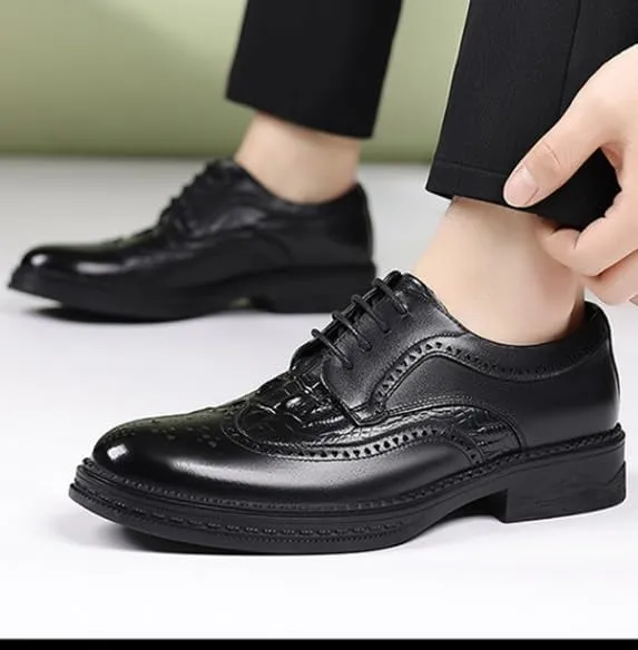 Mens Genuine Leather Brogue Dress Shoes Breathable Business Casual Oxford British Formal Lace Up Wingtip Shoes