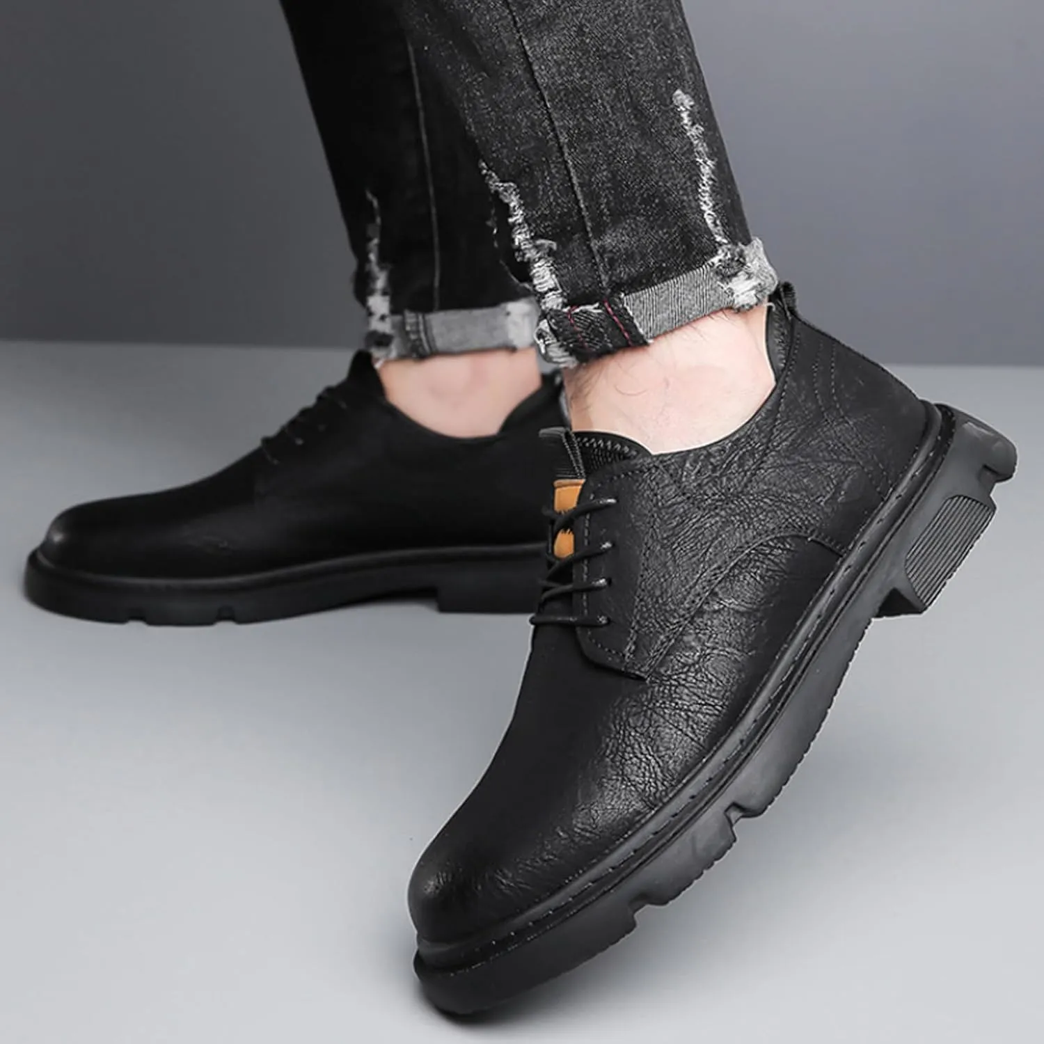 Men's Genuine Leather Lace-Up Formal Oxfords,Fashion Round Toe Casual Business Non-Slip Dress Work Shoes