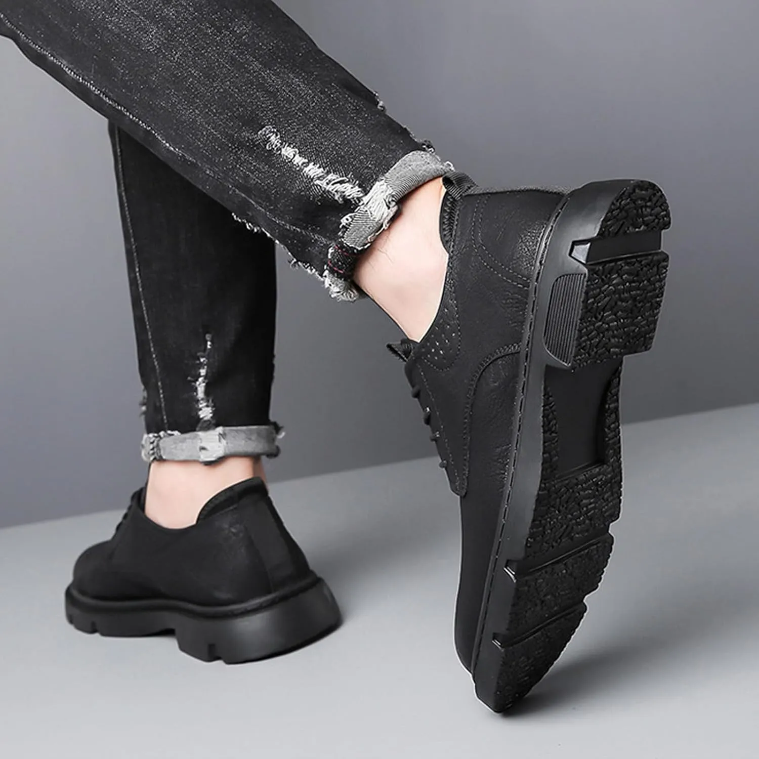 Men's Genuine Leather Lace-Up Formal Oxfords,Fashion Round Toe Casual Business Non-Slip Dress Work Shoes