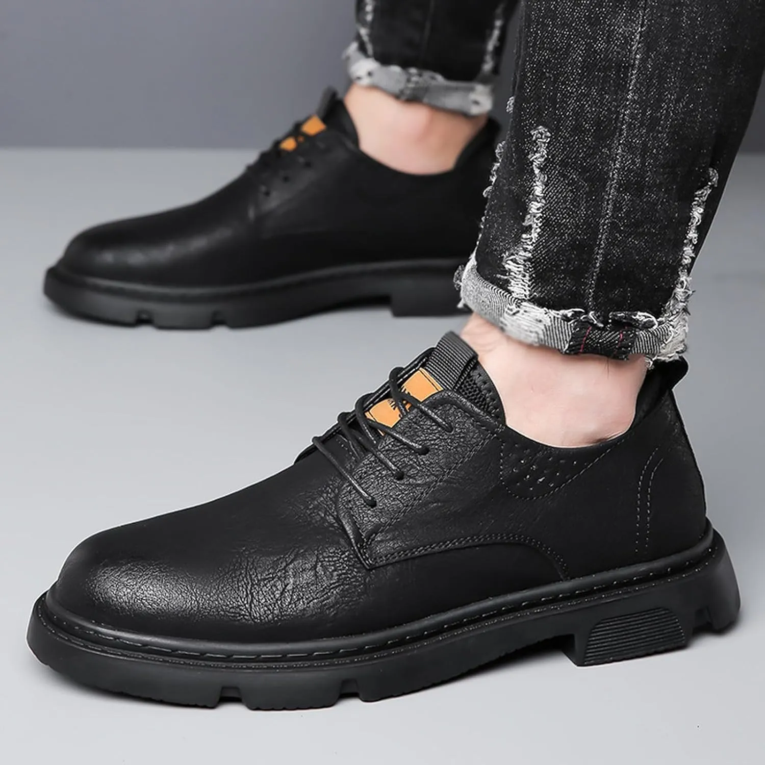 Men's Genuine Leather Lace-Up Formal Oxfords,Fashion Round Toe Casual Business Non-Slip Dress Work Shoes