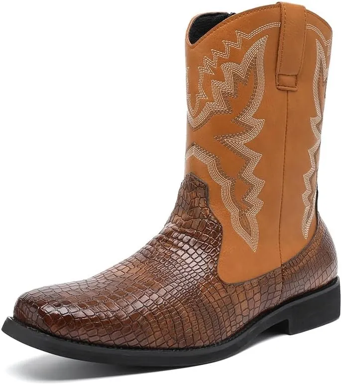 Men's Leather Ankle Boots Square Toe Metallic Arrow Stitch Detailing Pull-On Loop Flat Sole Heavy Duty Casual Footwear