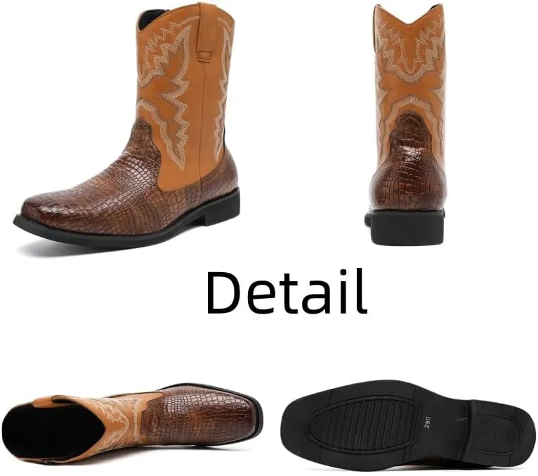 Men's Leather Ankle Boots Square Toe Metallic Arrow Stitch Detailing Pull-On Loop Flat Sole Heavy Duty Casual Footwear