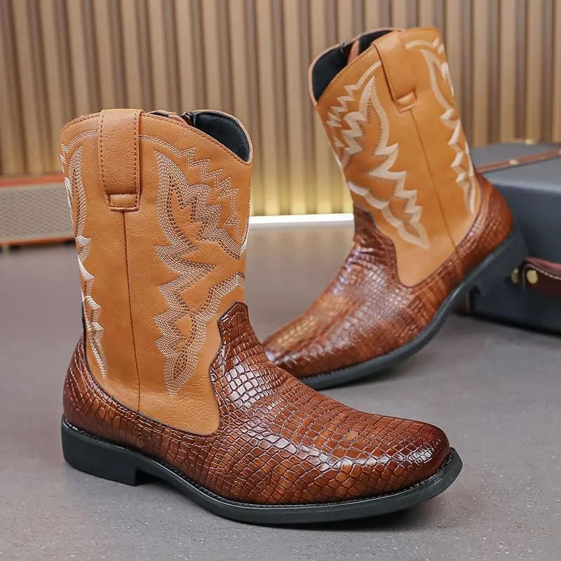 Men's Leather Ankle Boots Square Toe Metallic Arrow Stitch Detailing Pull-On Loop Flat Sole Heavy Duty Casual Footwear