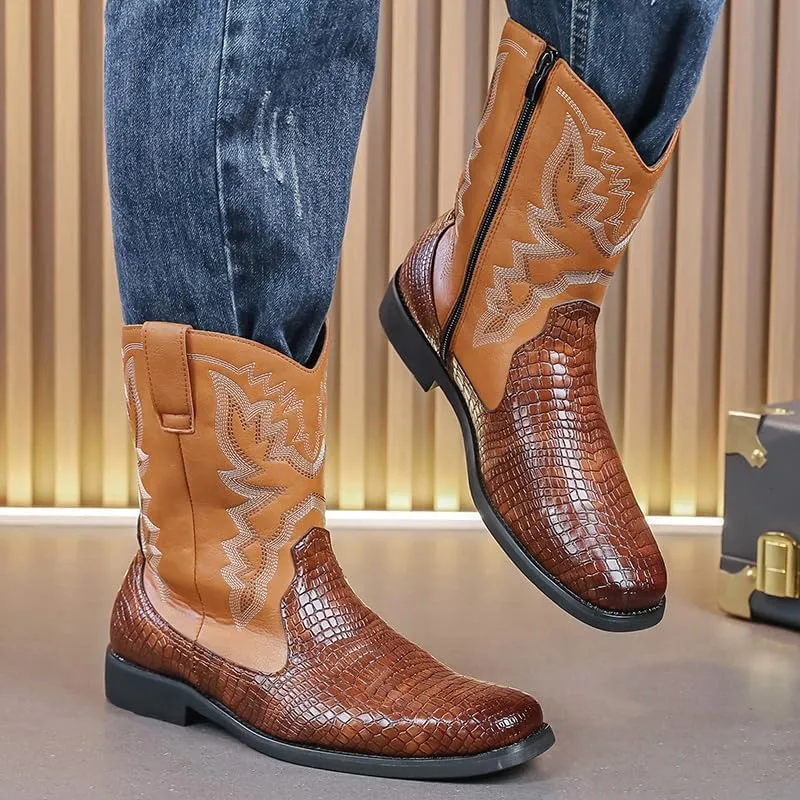 Men's Leather Ankle Boots Square Toe Metallic Arrow Stitch Detailing Pull-On Loop Flat Sole Heavy Duty Casual Footwear