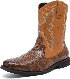 Men's Leather Ankle Boots Square Toe Metallic Arrow Stitch Detailing Pull-On Loop Flat Sole Heavy Duty Casual Footwear