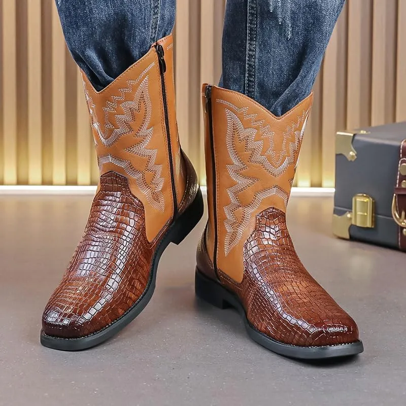 Men's Leather Ankle Boots Square Toe Metallic Arrow Stitch Detailing Pull-On Loop Flat Sole Heavy Duty Casual Footwear