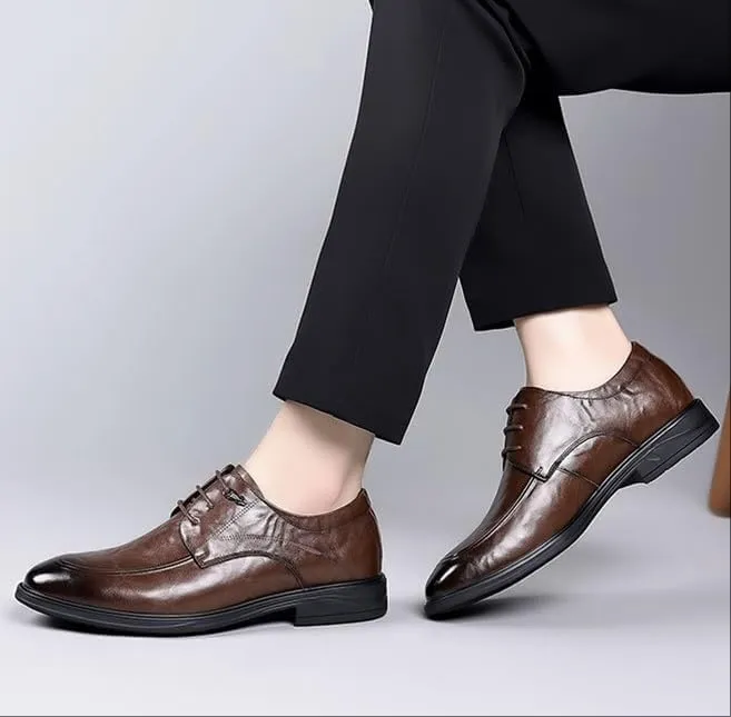 Mens Leather Derby Shoes Genuine Leather British Style Business Formal Wedding Shoes Lace Up Office Shoes(Brown,8.5)