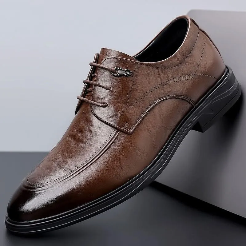 Mens Leather Derby Shoes Genuine Leather British Style Business Formal Wedding Shoes Lace Up Office Shoes(Brown,8.5)