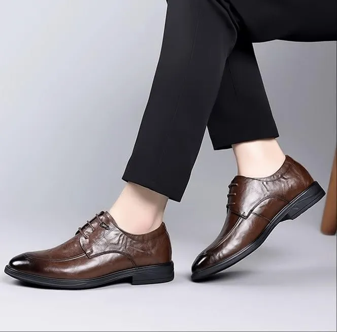 Mens Leather Derby Shoes Genuine Leather British Style Business Formal Wedding Shoes Lace Up Office Shoes(Brown,8.5)
