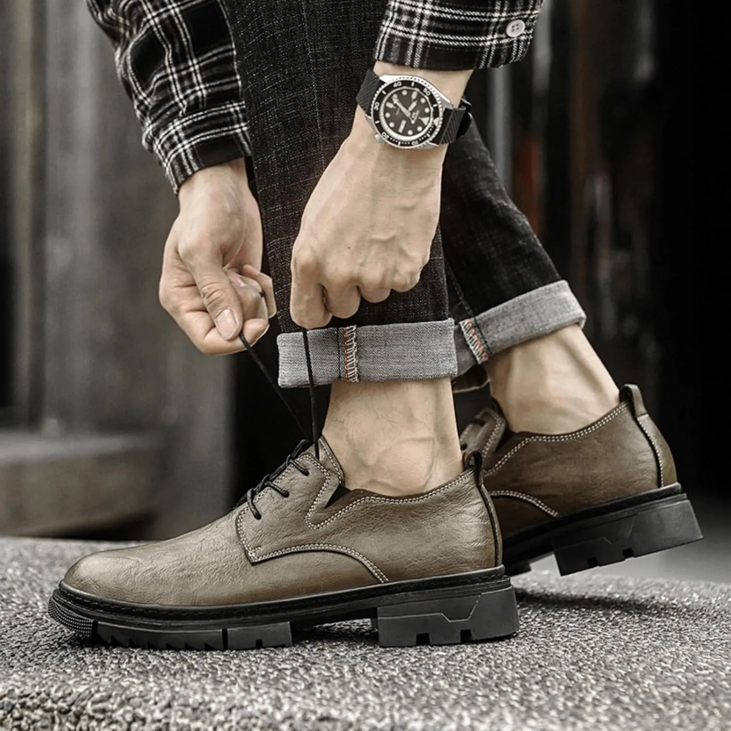 Men's Leather Lace-Up Platform Oxford Derby Shoes,Comfortable Round Toe Non Slip Soft Sole Dress Shoes,Outdoor Casual Low-Top Tuxedo Work Shoes