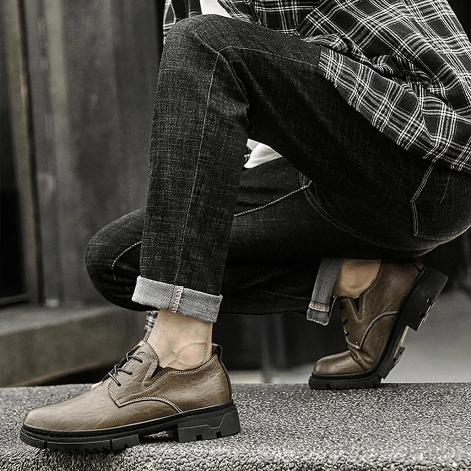 Men's Leather Lace-Up Platform Oxford Derby Shoes,Comfortable Round Toe Non Slip Soft Sole Dress Shoes,Outdoor Casual Low-Top Tuxedo Work Shoes