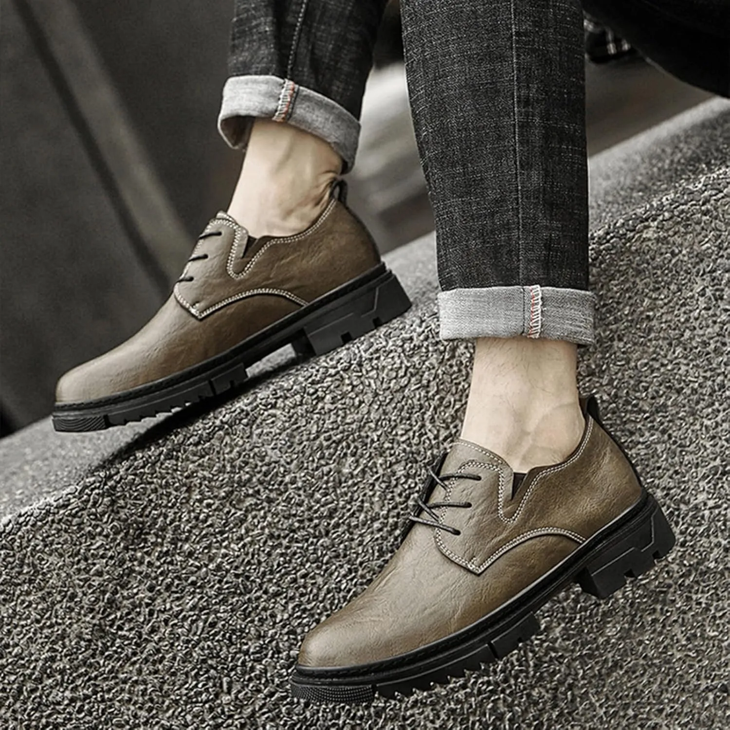 Men's Leather Lace-Up Platform Oxford Derby Shoes,Comfortable Round Toe Non Slip Soft Sole Dress Shoes,Outdoor Casual Low-Top Tuxedo Work Shoes