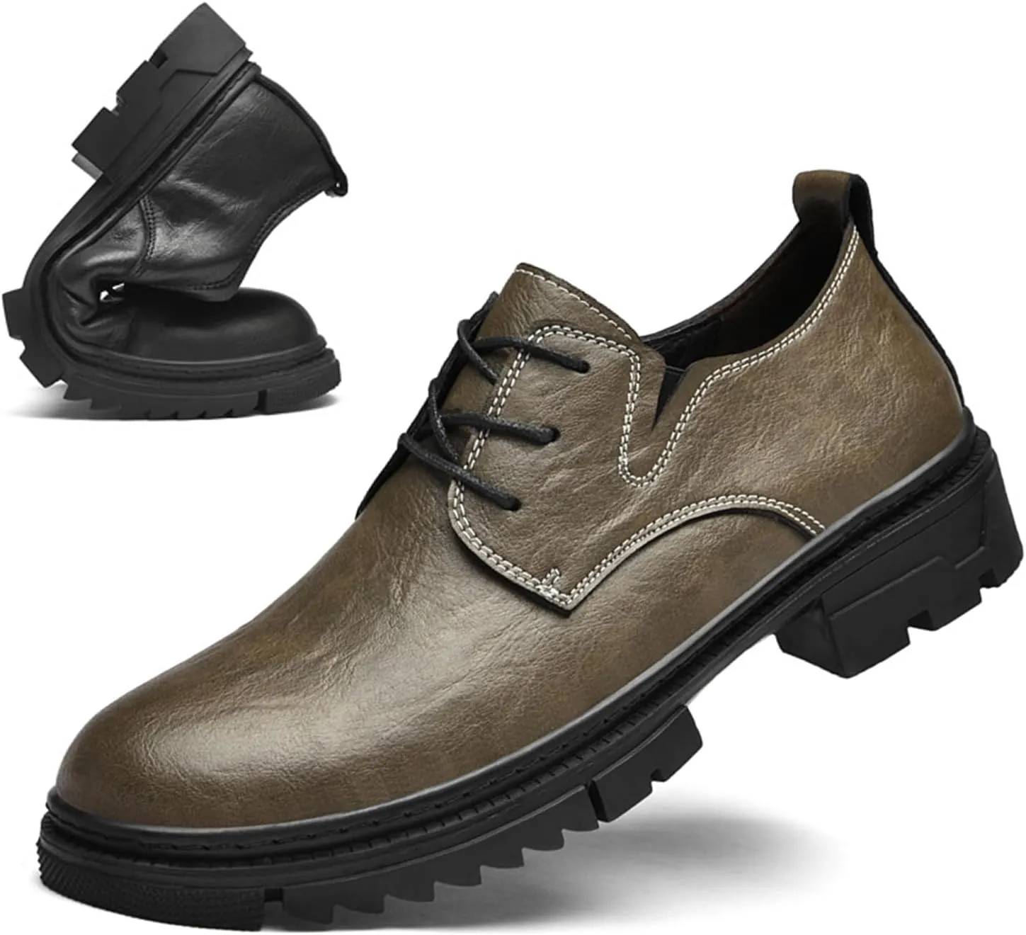 Men's Leather Lace-Up Platform Oxford Derby Shoes,Comfortable Round Toe Non Slip Soft Sole Dress Shoes,Outdoor Casual Low-Top Tuxedo Work Shoes