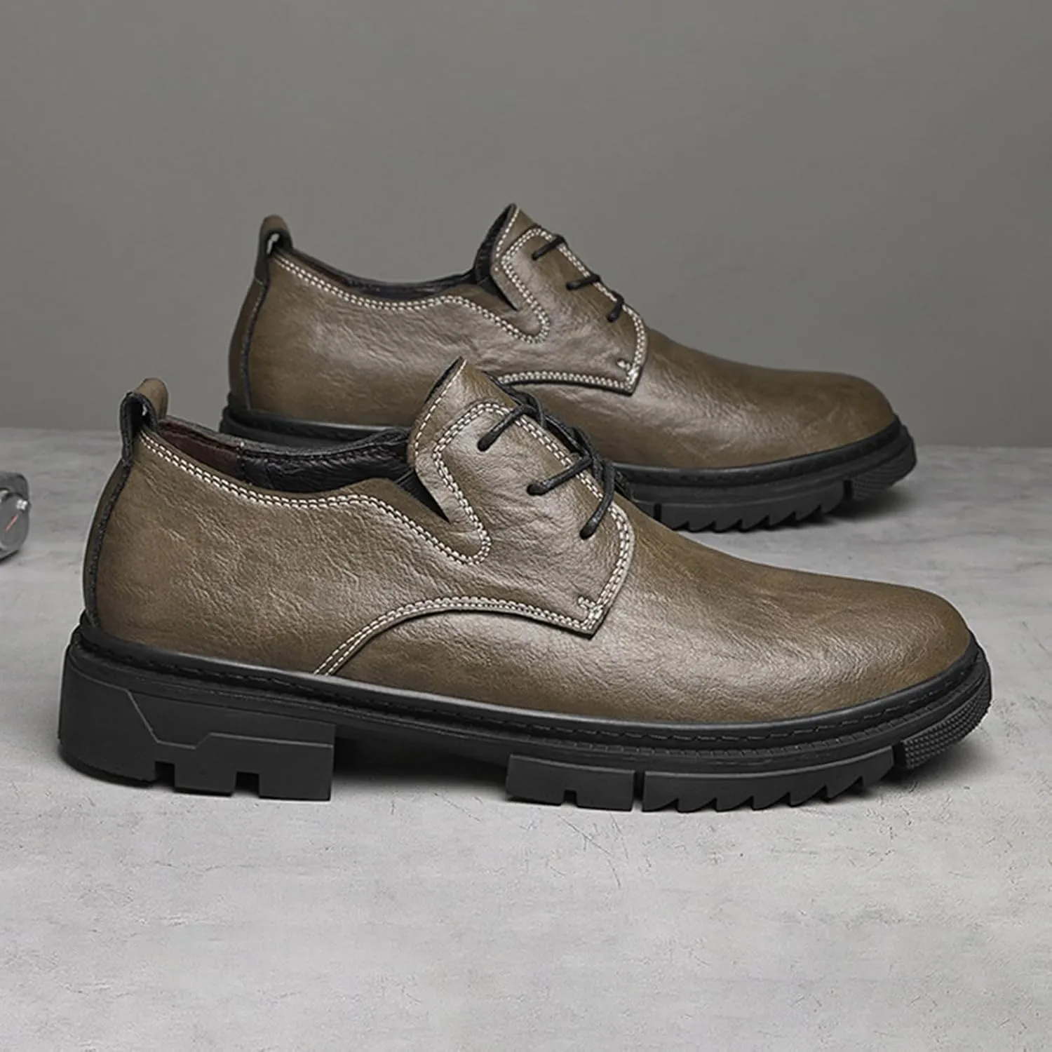 Men's Leather Lace-Up Platform Oxford Derby Shoes,Comfortable Round Toe Non Slip Soft Sole Dress Shoes,Outdoor Casual Low-Top Tuxedo Work Shoes